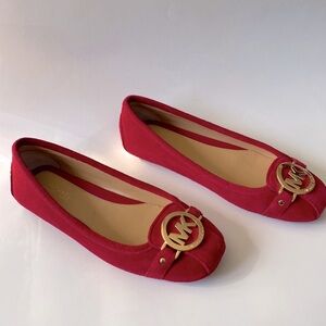 MICHAEL Michael Kors Red Suede Gold Logo Embellishment Flats Loafers Size 5.5M